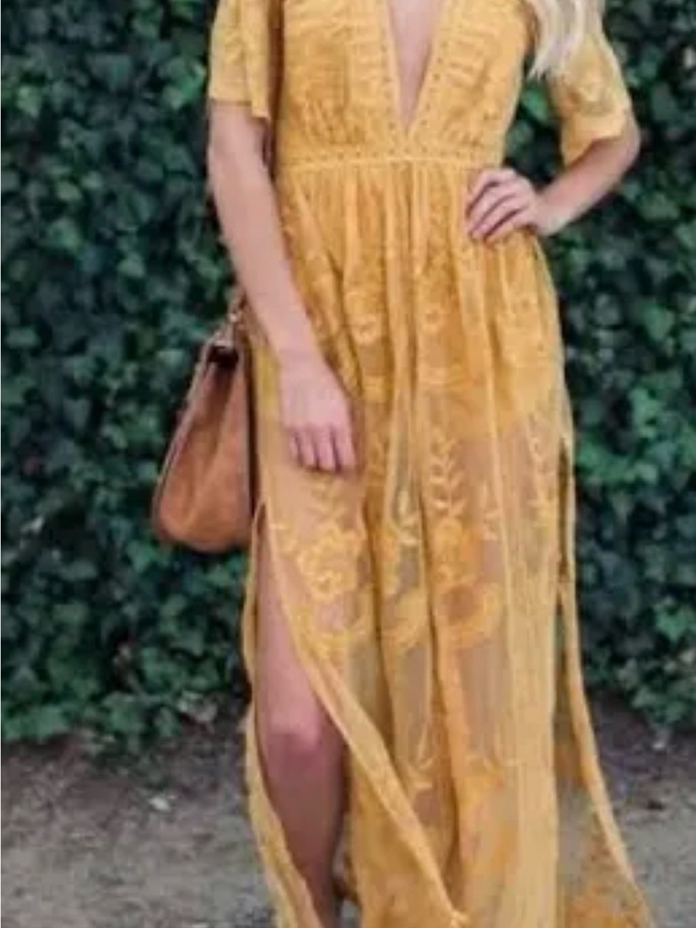 Wishlist Mustard Yellow Embroidered V‑Neck Maxi Dress Bohemian